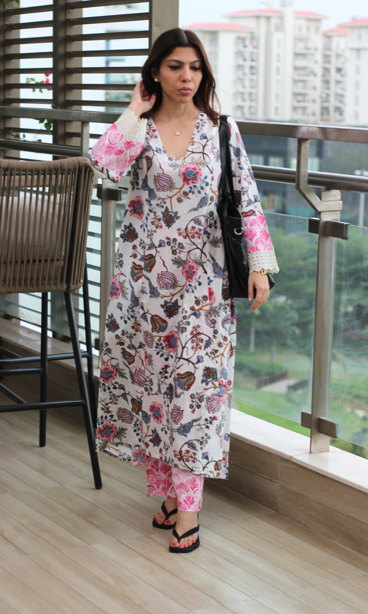 White Blossom A line High Low Kurta with Printed Pants