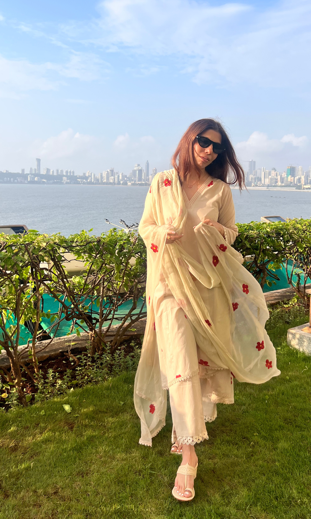 Ivory Floret Handbrush Painted Kali Kurta, Cotton Pants & Handpainted Chiffon Dupatta