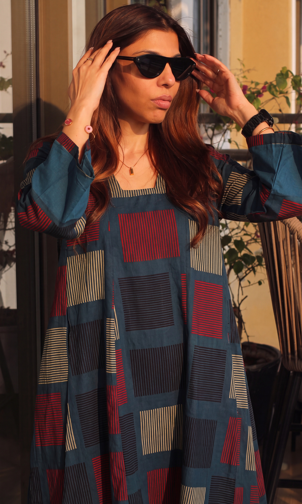 Teal Blue Box Print Kali Style High Low Kurta with Cotton Pants