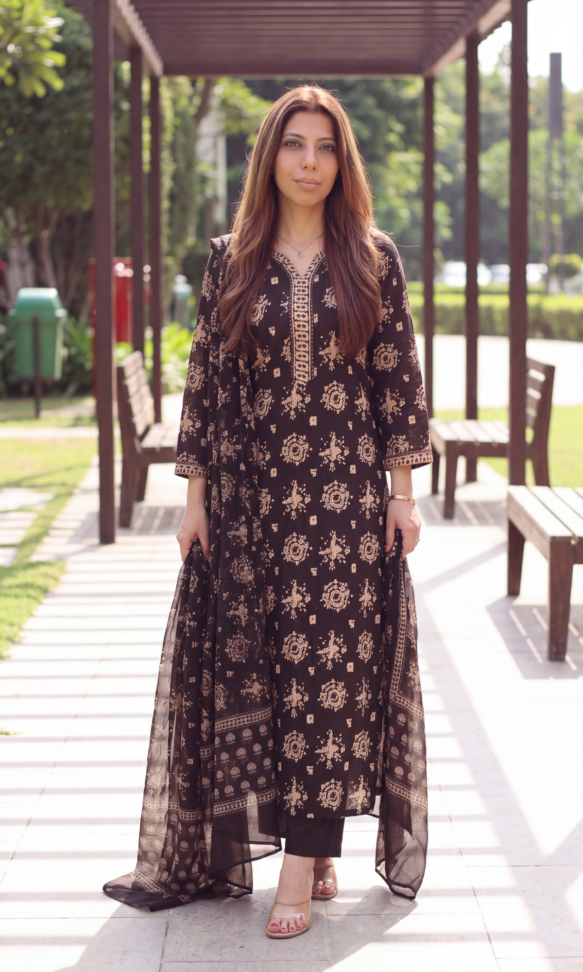 Dark Brown Bagru Block Print Kurta, Pant & Kota Doria Printed Dupatta