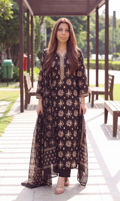 Dark Brown Bagru Block Print Kurta, Pant & Kota Doria Printed Dupatta