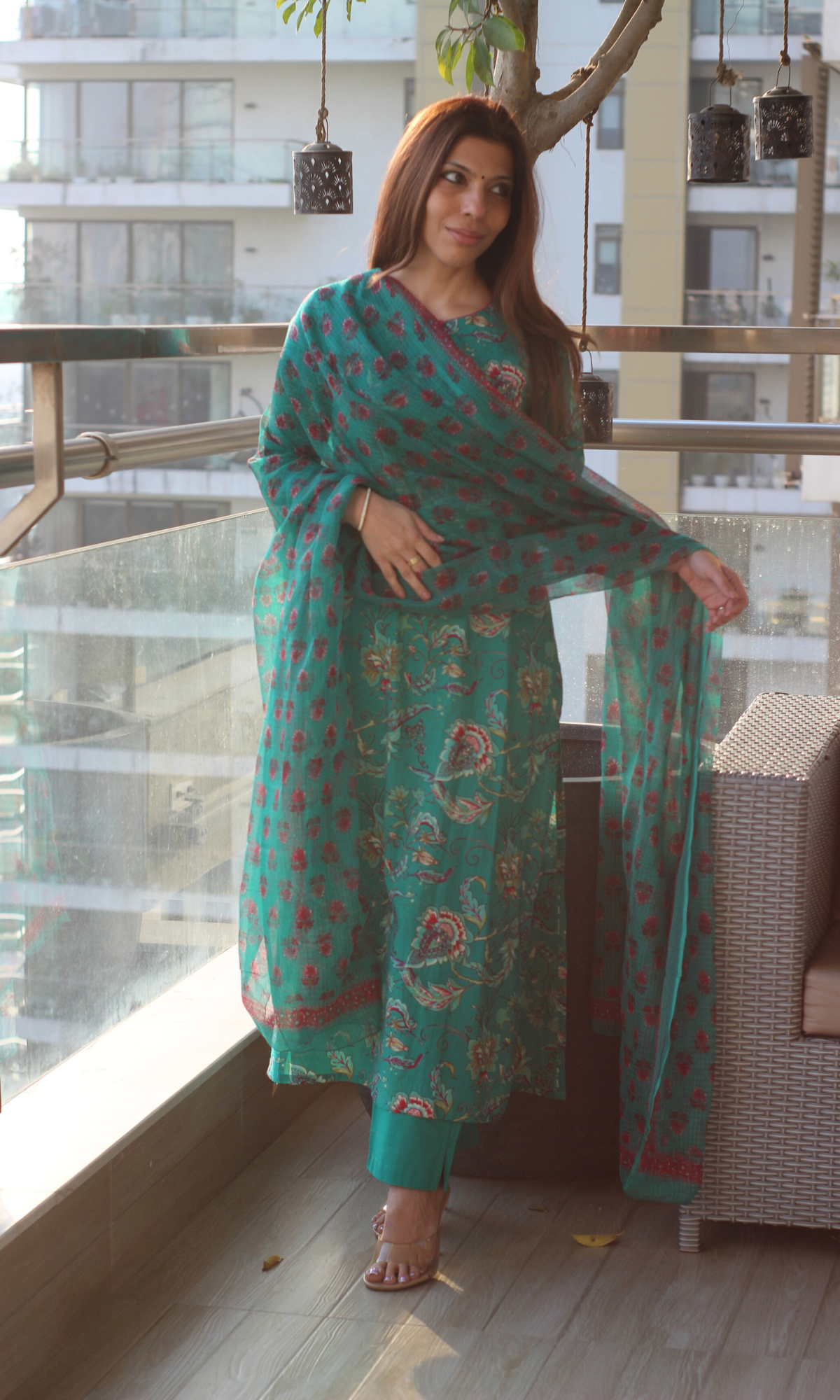 Green & Pink Jaal Print Cotton Kurta , Pant & Kota Doria Booti Dupatta