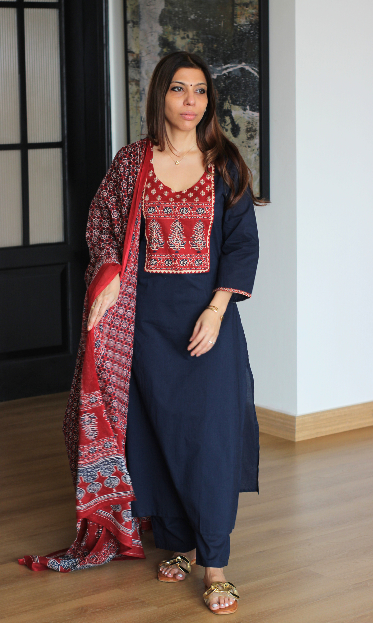 Cotton Blue Ajrakh Motif Neck Kurta, Pant with Printed Dupatta