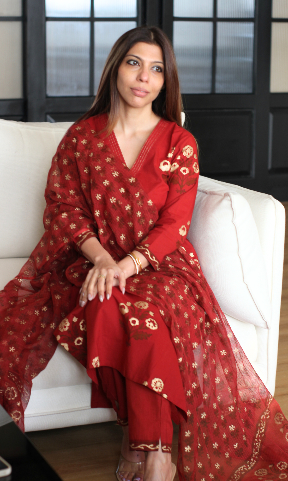 Red Rangreza Gold Handblock Mughal Print Kurta, Cotton Pants & Kota Doria Dupatta