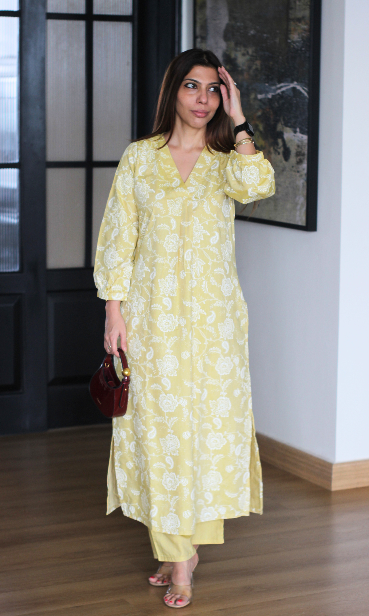 Lemon Paisley Pleated Kurta with Pants