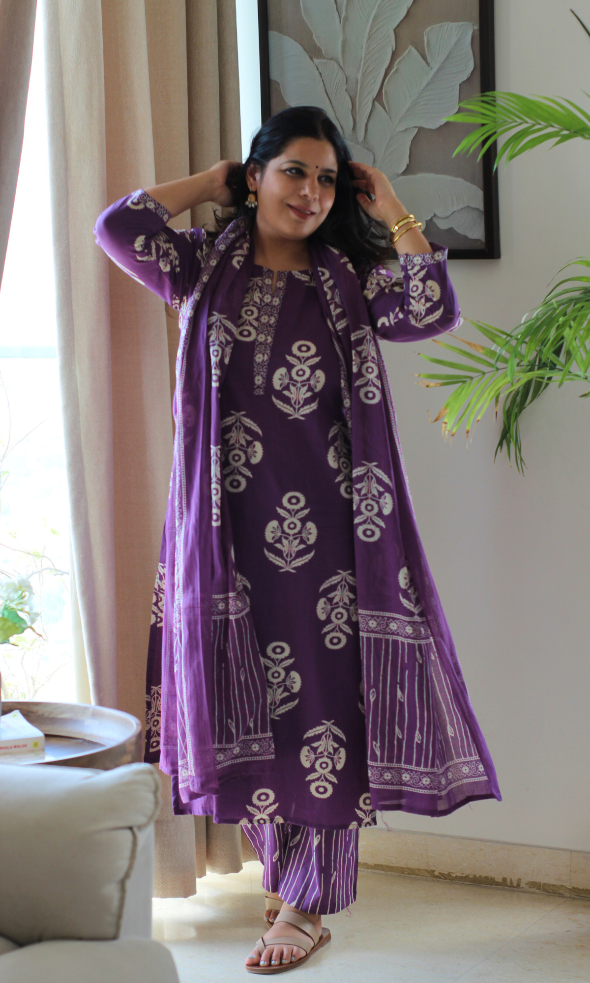 Iris Purple Cotton Mughal Boota Kurta, Dupatta with Printed Pants