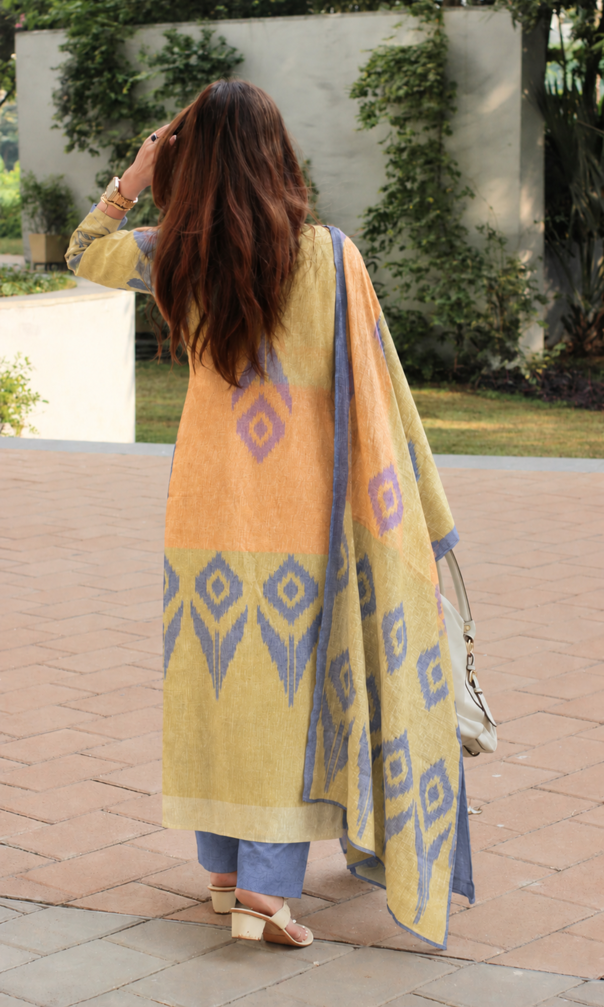 Saffron & Periwinkle Linen Blend Kurta, Dupatta & Cotton Pants