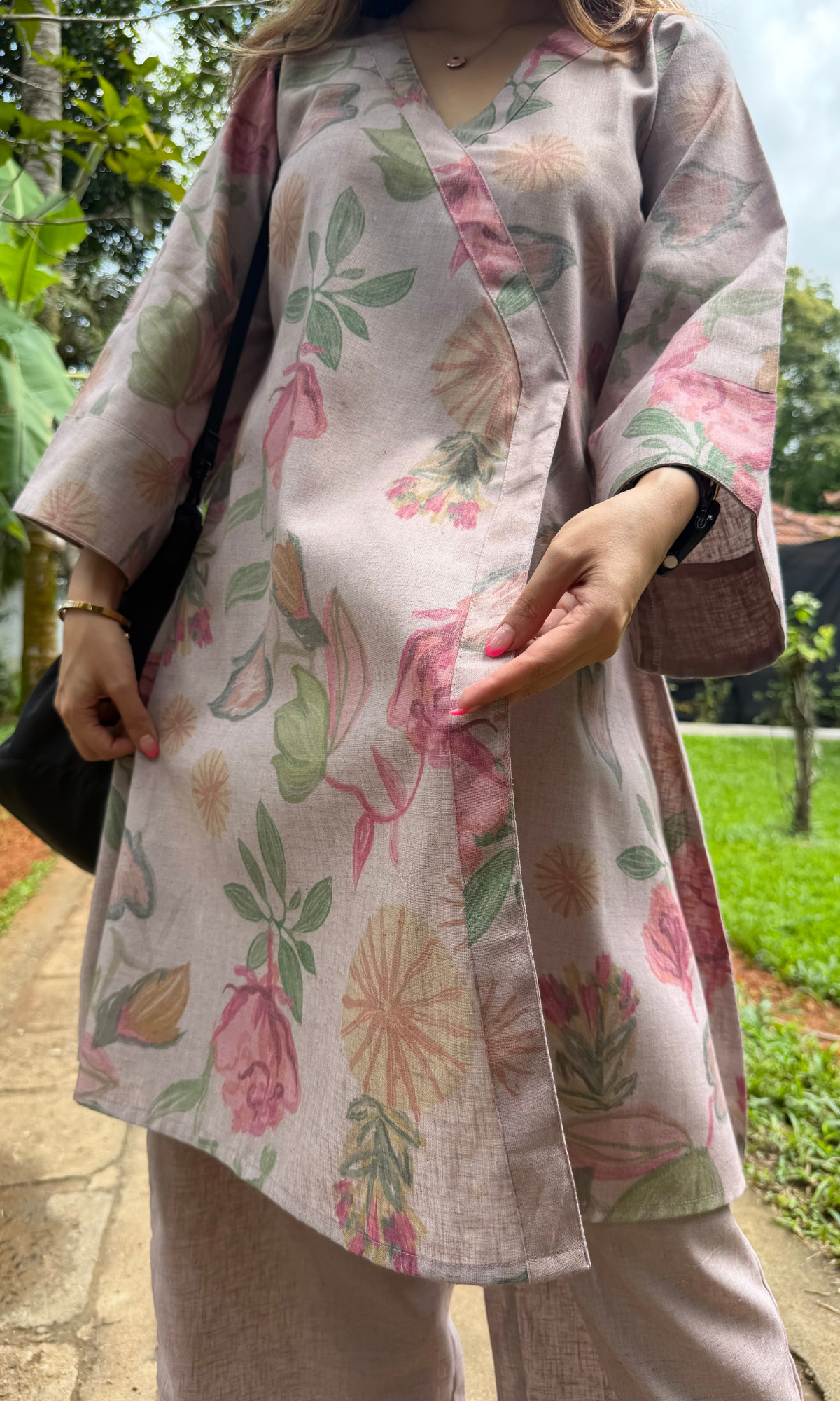 Dusty Pink Bloom Linen Blend Kimono Kurta with Linen Pants