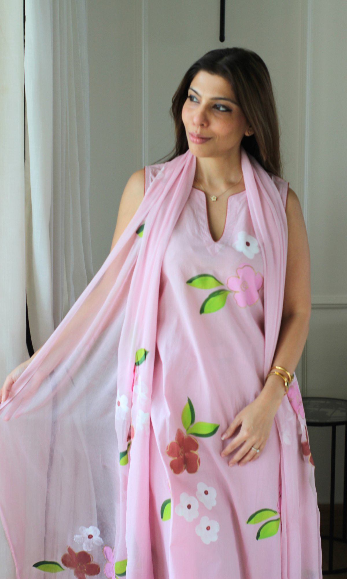 Daphne Pink Handbrush Painted A cut Sleeveless Kurta, Chiffon Dupatta & Cotton Pants
