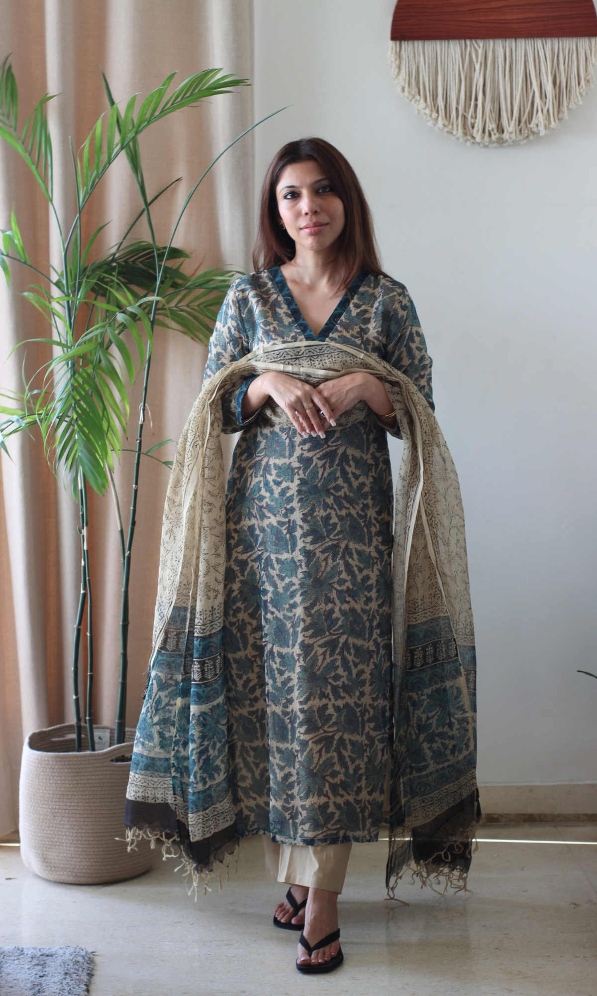 Kota Doria Kalamkari Beige & Teal Kurta and Dupatta with Cotton Pants
