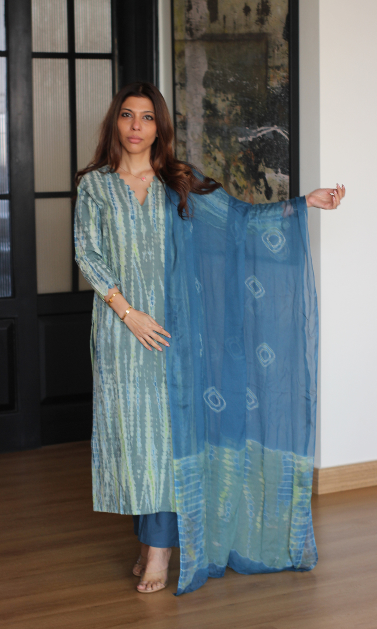 Cotton Sea Blue Green Tie & Dye Kurta, Chiffon Dupatta & Pants