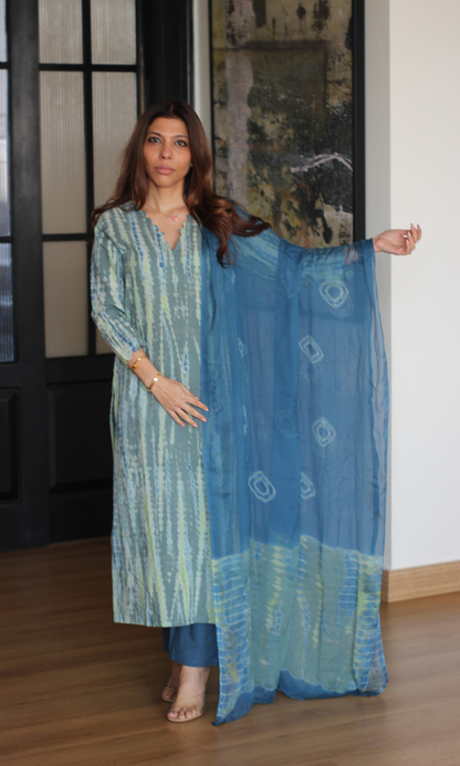 Cotton Sea Blue Green Tie & Dye Kurta, Chiffon Dupatta & Pants