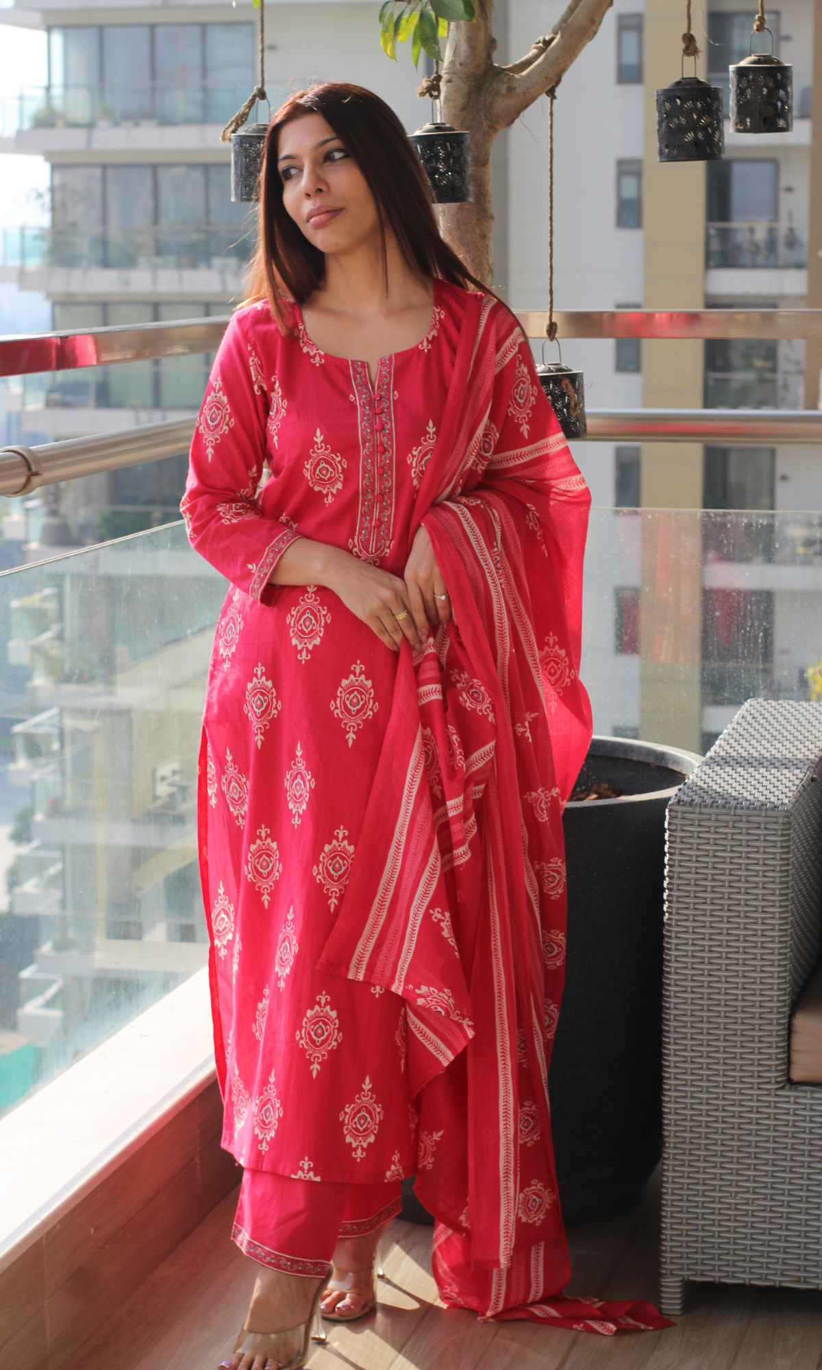 Hot Pink Boota Print Cotton Kurta , Pant & Printed Dupatta