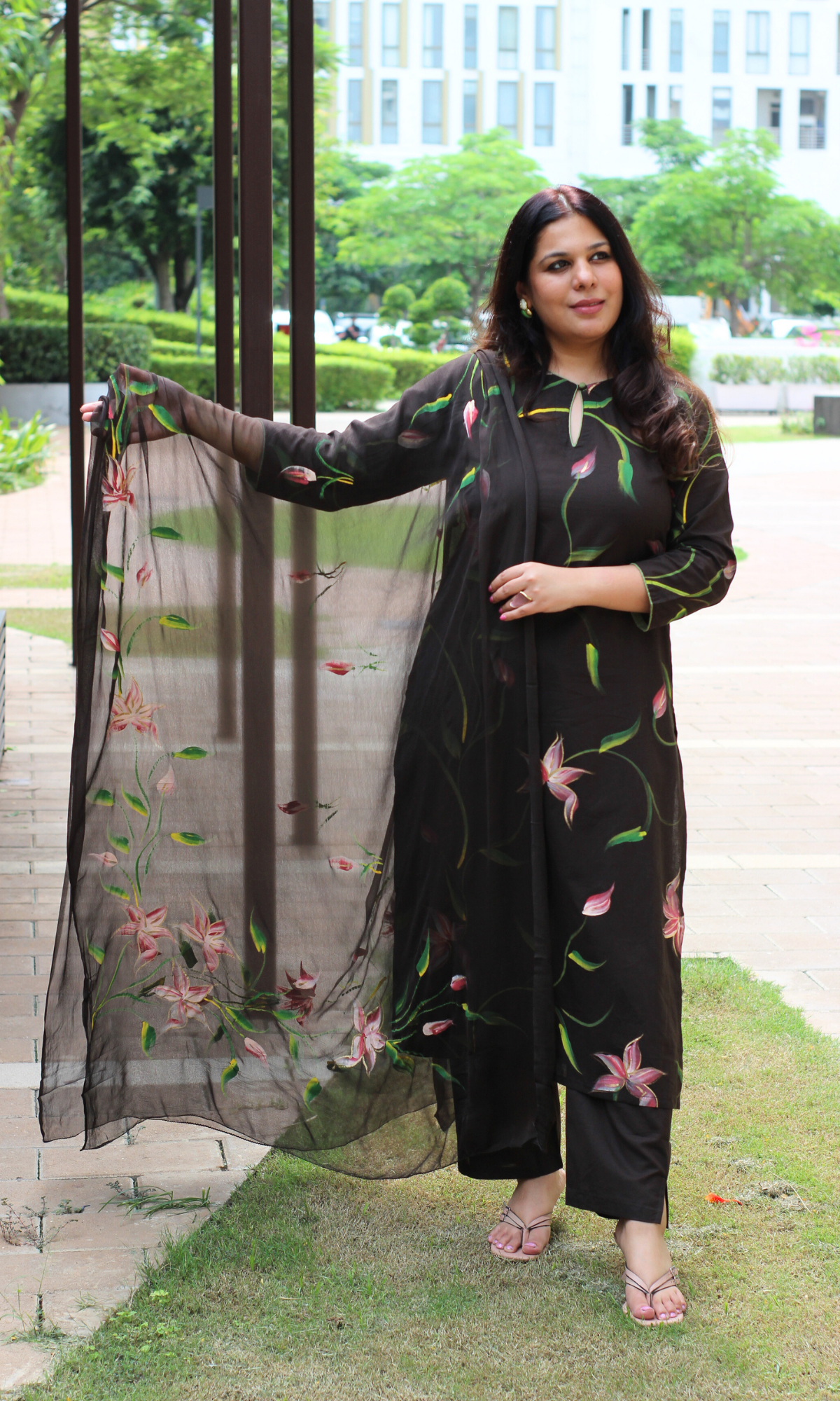 Chocolate Brown Handbrush Painted Kurta, Cotton Pants & Chiffon Handpainted Dupatta