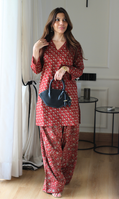 Earthy Red Booti Print Kurta with Farshi Salwaar