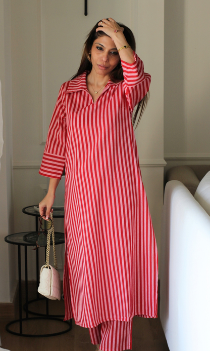 Red & Pink Striped Collared Handloom Cotton Coord