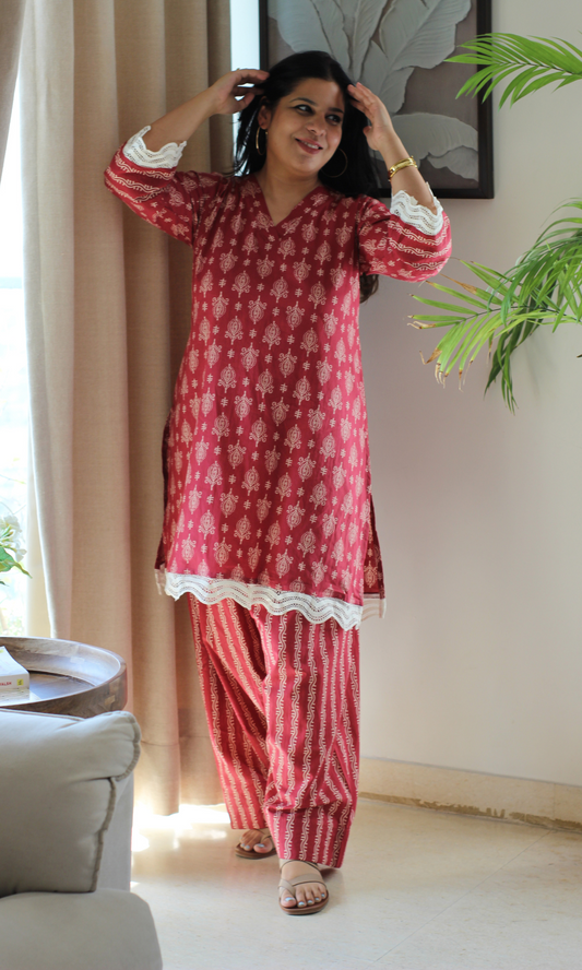Mulberry Laced Printed Kurta with Farshi Salwaar