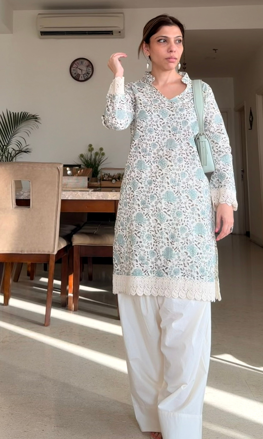 Soft Sage Sukoon Print Kurta with Lace Detailing & Farshi Salwaar
