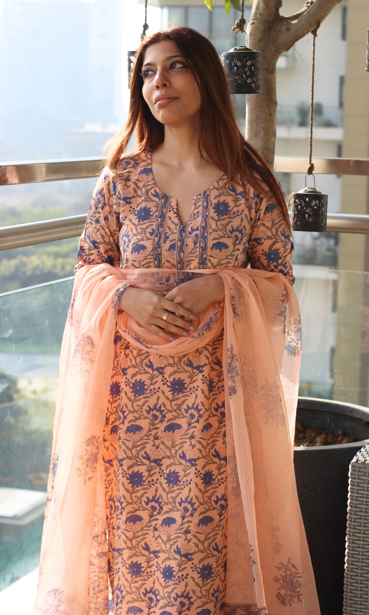 Peach Aabshaar Handblock Print Cotton Kurta, Pant & Kota Doria Dupatta