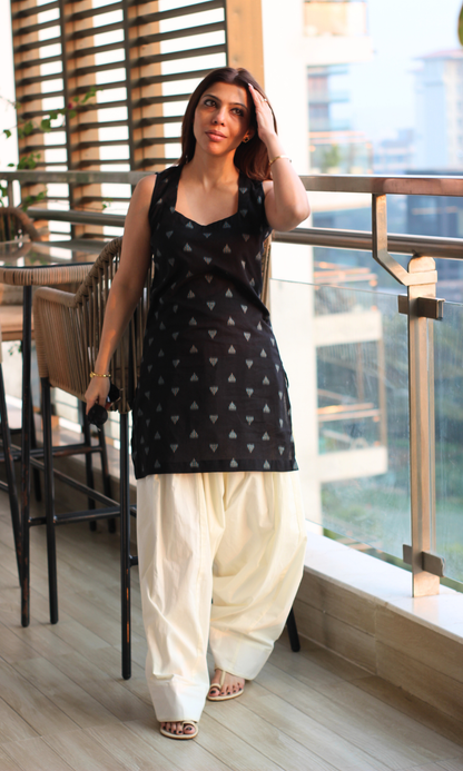 Black Square Neck Ikat Kurta with Cotton Farshi
