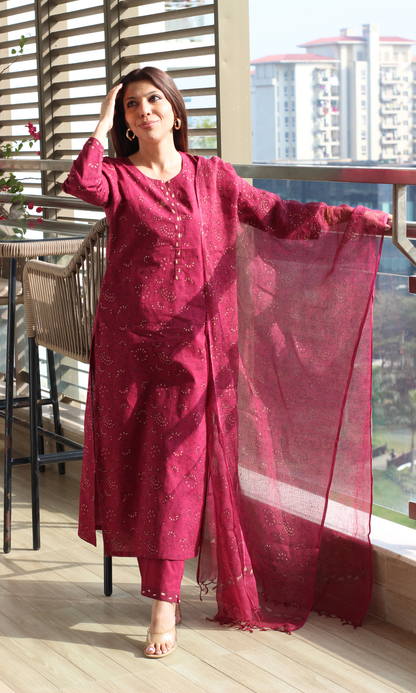 Cotton Mulberry & Gold Handblock Print Kurta , Printed Kota Doria Dupatta