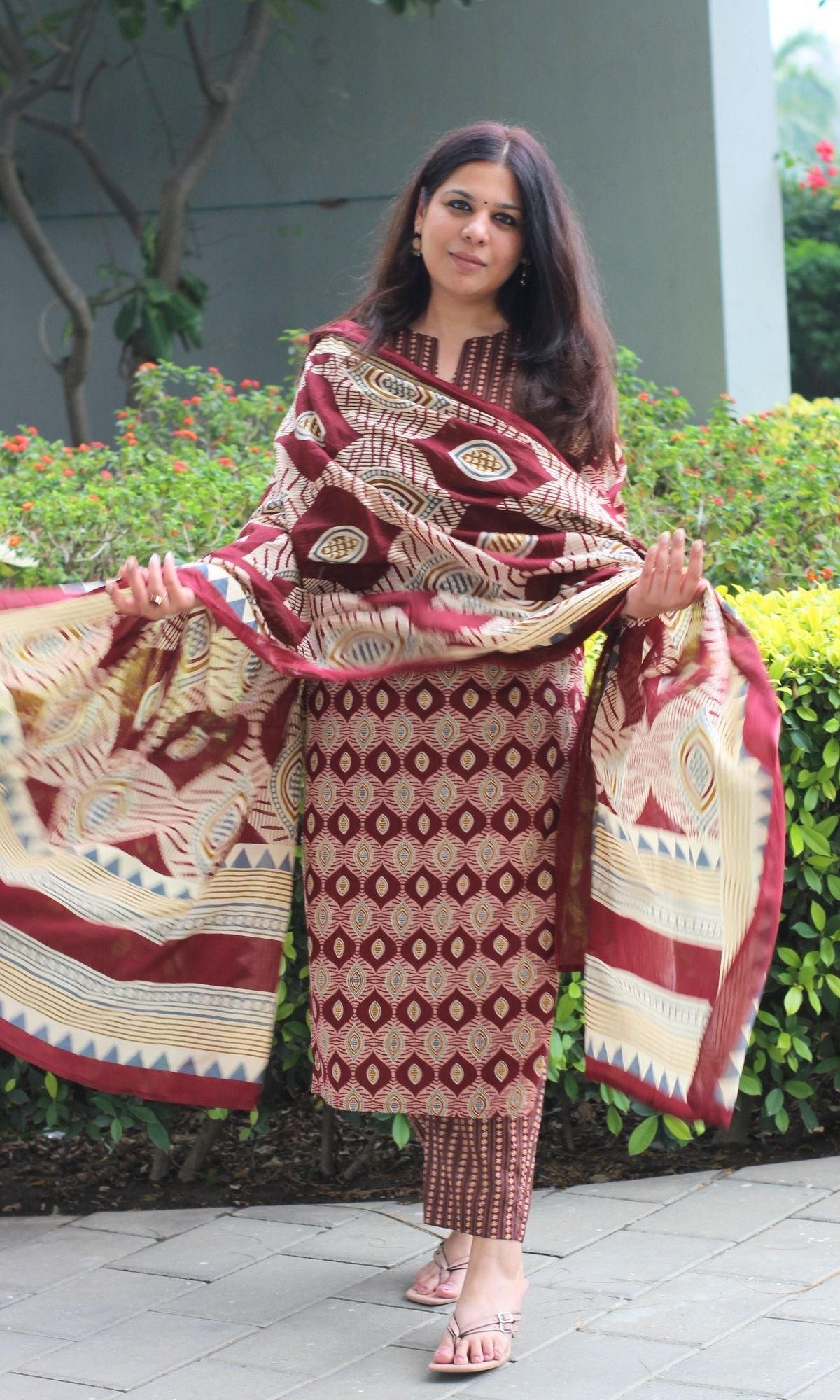 Cotton Maroon Ajrakh Print Suit with Mul Printed Dupatta