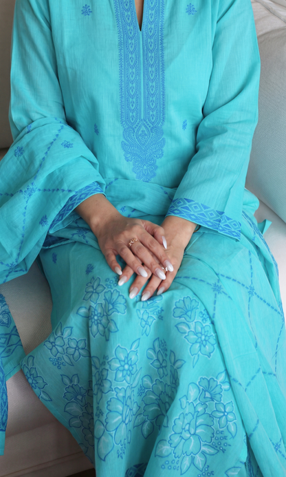 Azure Mist Loom Woven Kurta , Dupatta & Cotton Pants