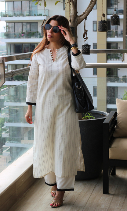 Cotton Off-white & Black Thread Detail Kurta with Bottom