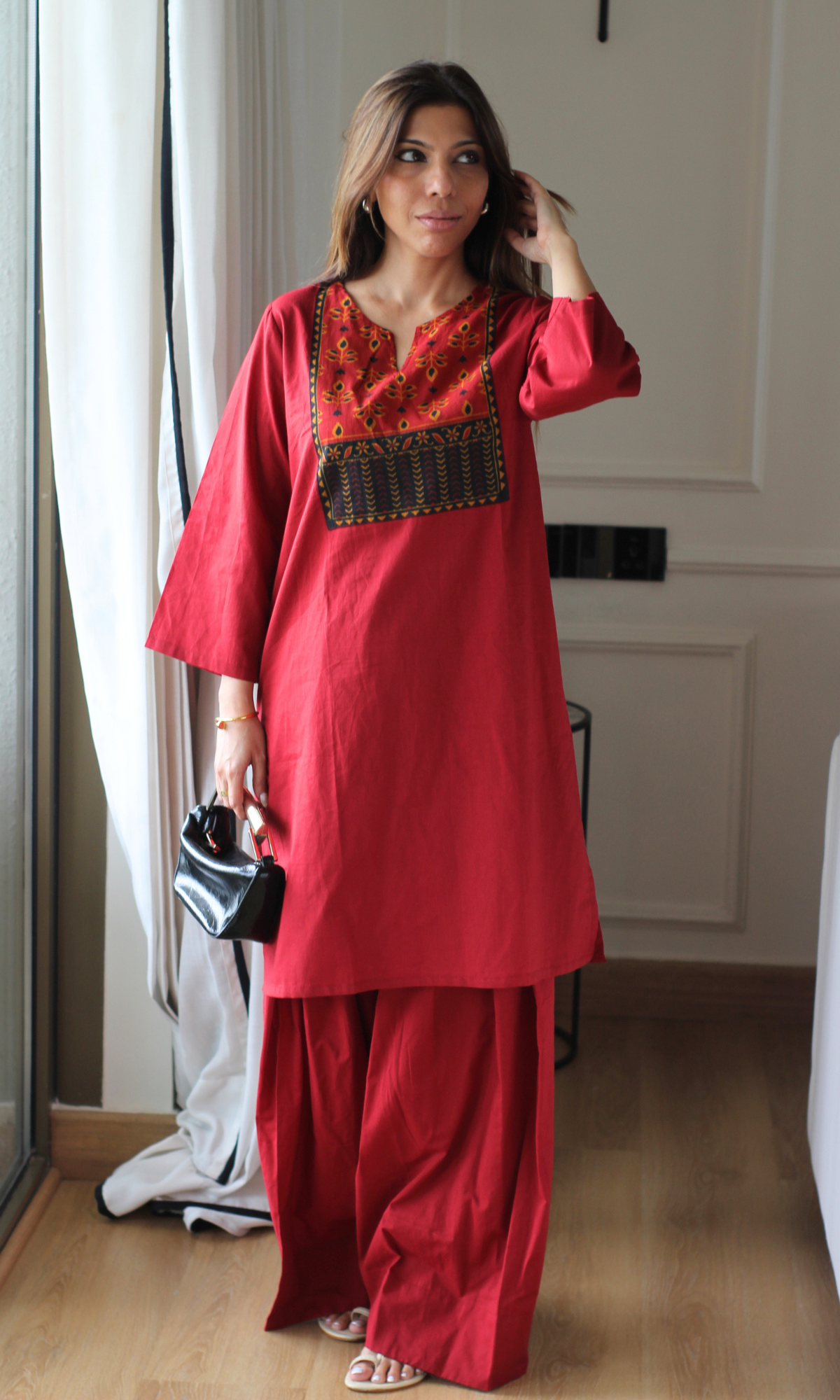 Rose Red Patch Kurta and Farshi Salwaar