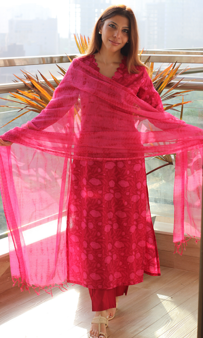 Fuschsia Love Dabu Texture Cotton Kurta, Pant & Kota Doria Shibori Dupatta