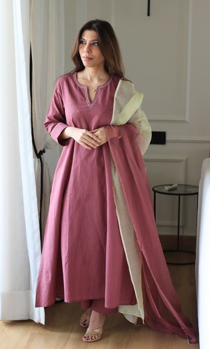 Dusty Mauve Slub Cotton Kali Kurta, Pant with Kota Doria Ombré Dupatta