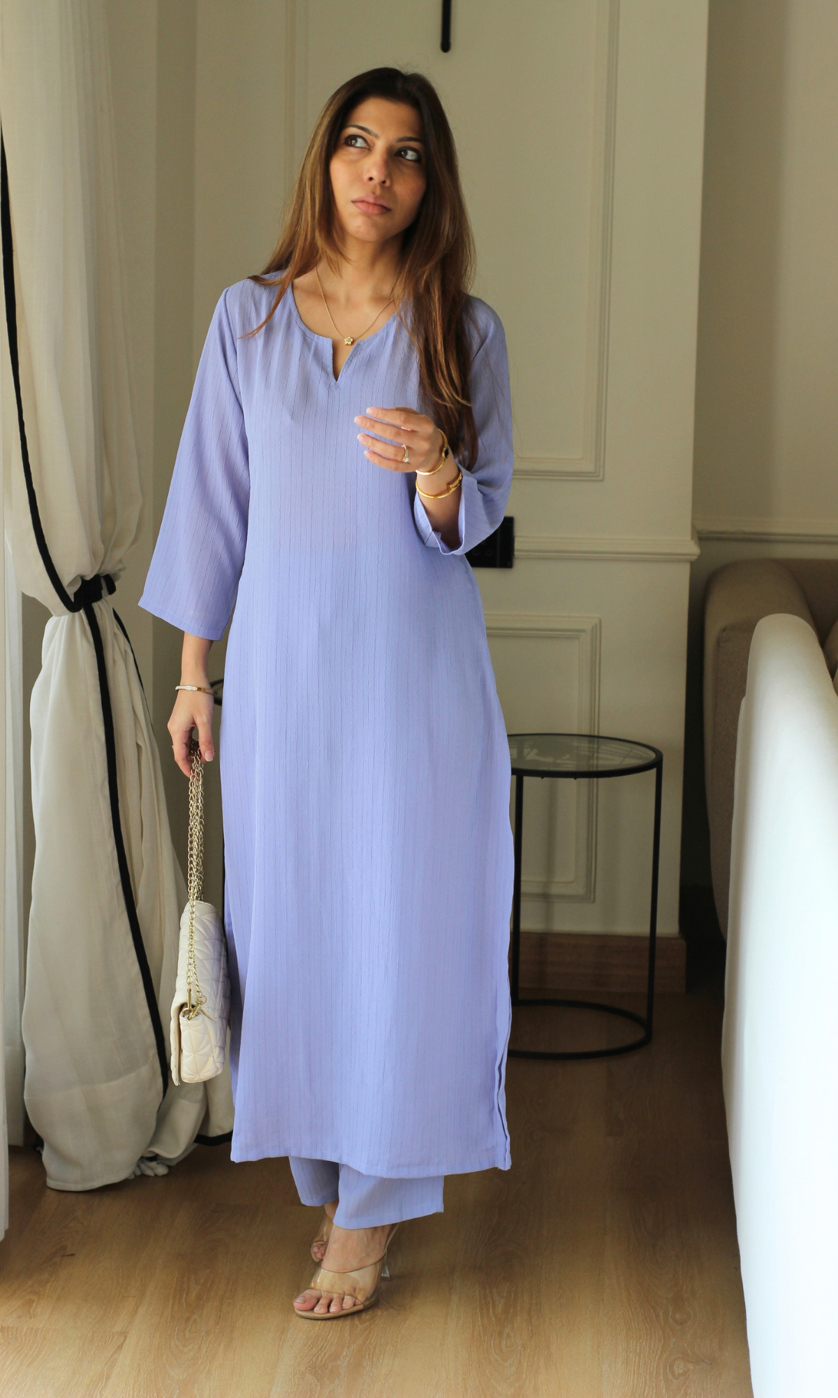 Lilac Stripe Textured Kurta with Pants