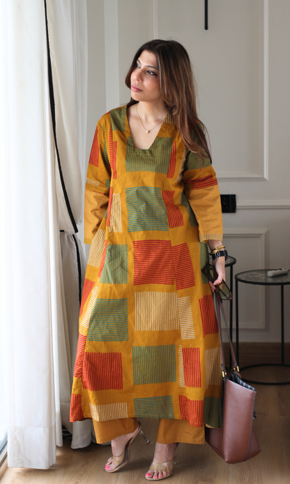 Mustard Box Print Kali Style High Low Kurta with Cotton Pants