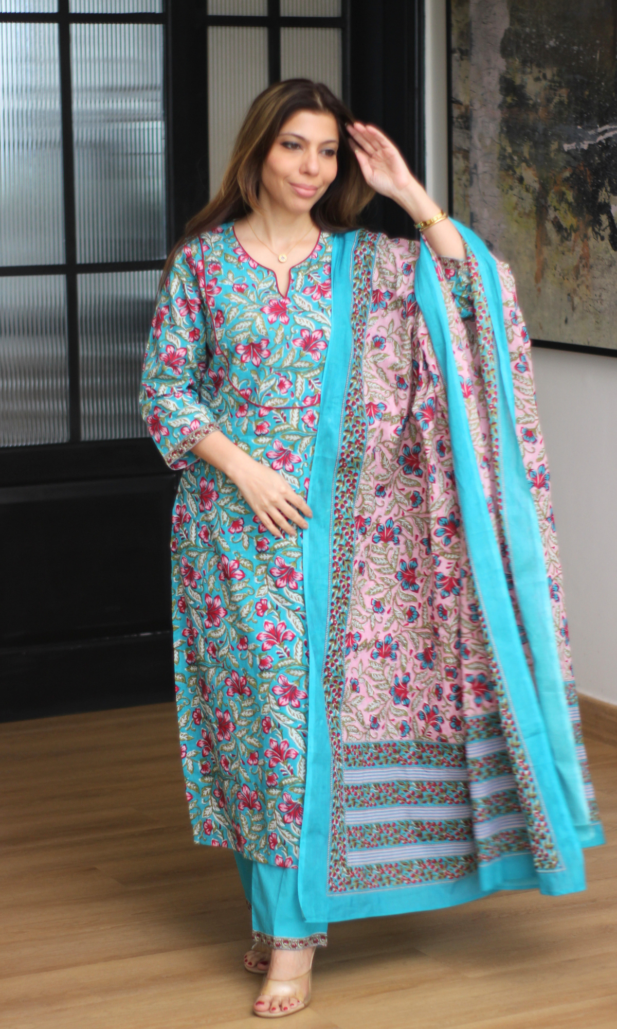 Niyati Teal Block Print Kurta, Pant & Cotton Printed Dupatta