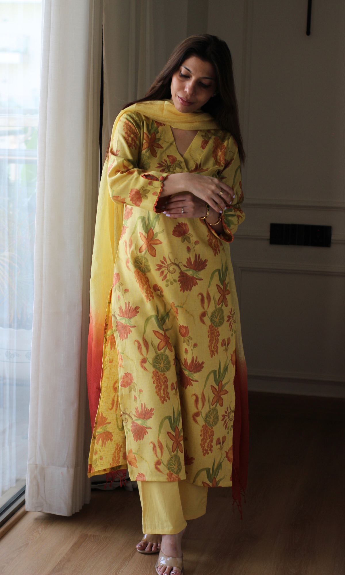 Linen Blend Marigold Floral Kurta, Cotton Pants & Ombré Kota Doria Dupatta