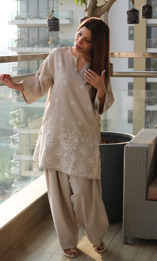 Muted Taupe Embroidered Anti Fit Kurta & Farshi Salwaar