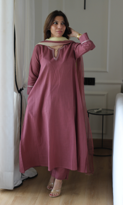 Dusty Mauve Slub Cotton Kali Kurta, Pant with Kota Doria Ombré Dupatta