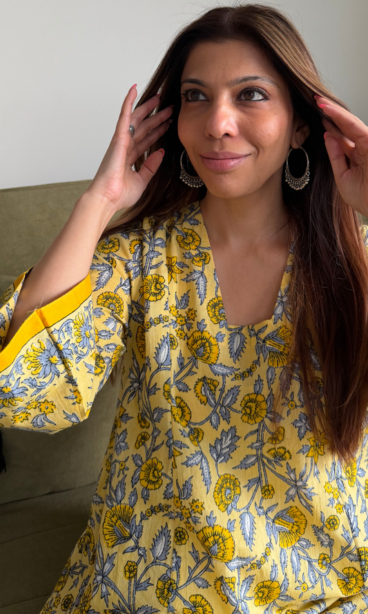 Yellow Meera Handblock Print High Low Kurta & Cotton Pants