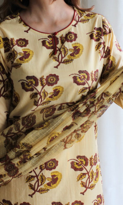 Samira Beige Mughal Print Kurta, Cotton Pant & Kota Doria Block Printed Dupatta