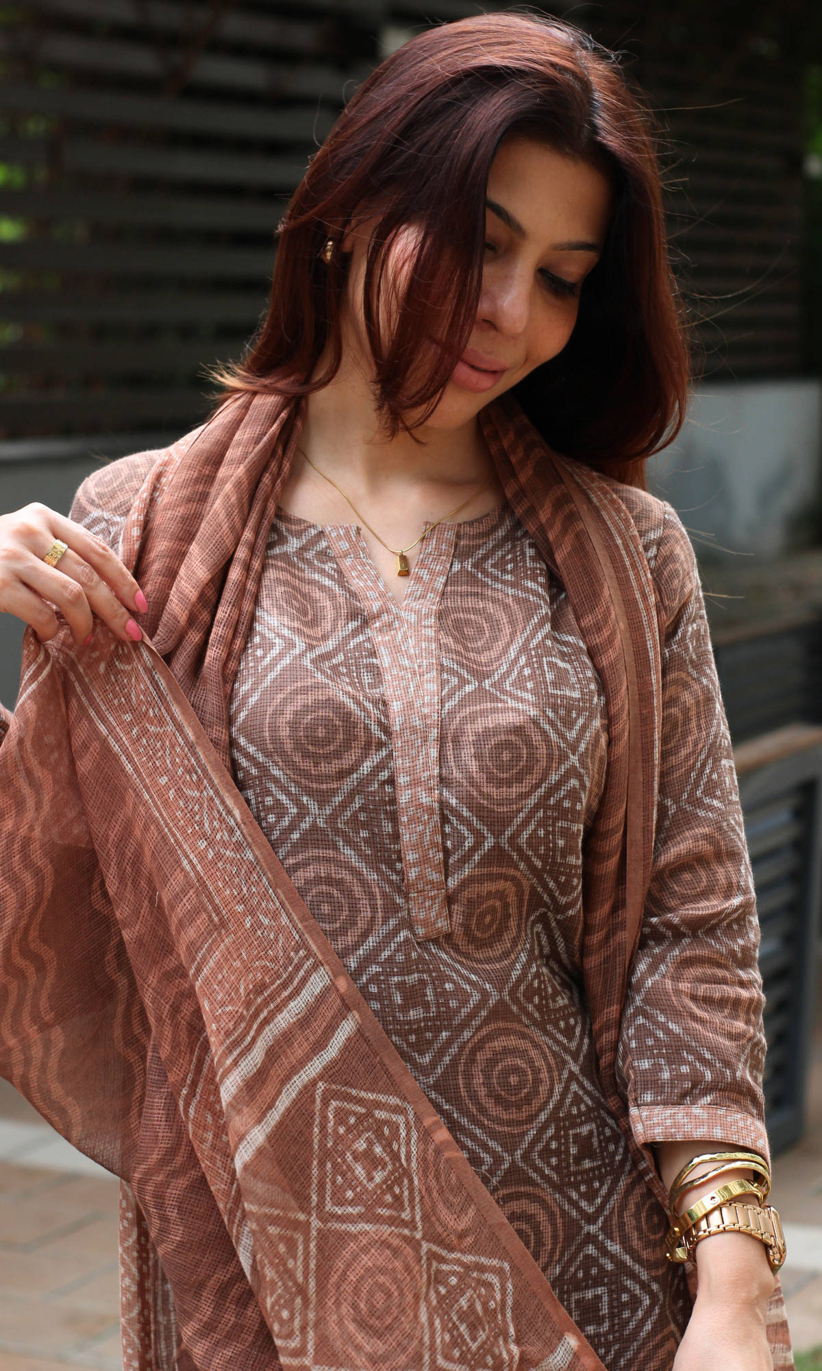 Kota Doria Sandalwood Handblock Print Kurta, Dupatta with Cotton Pants