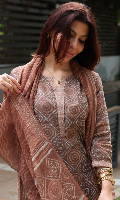 Kota Doria Sandalwood Handblock Print Kurta, Dupatta with Cotton Pants
