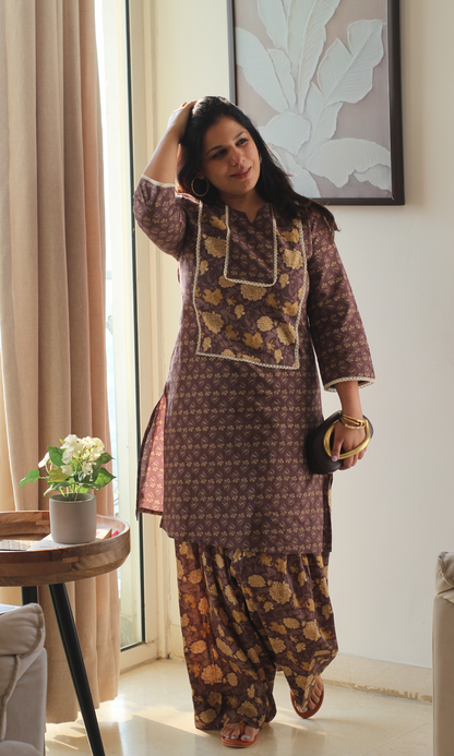 Cotton Zafran Block Print Kurta & Farshi Salwaar