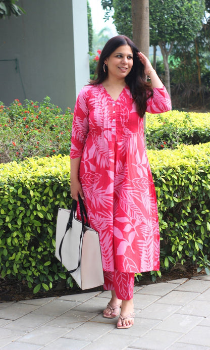 Cotton Hot Pink Big Leaf Pleated Kurta & Pants Set