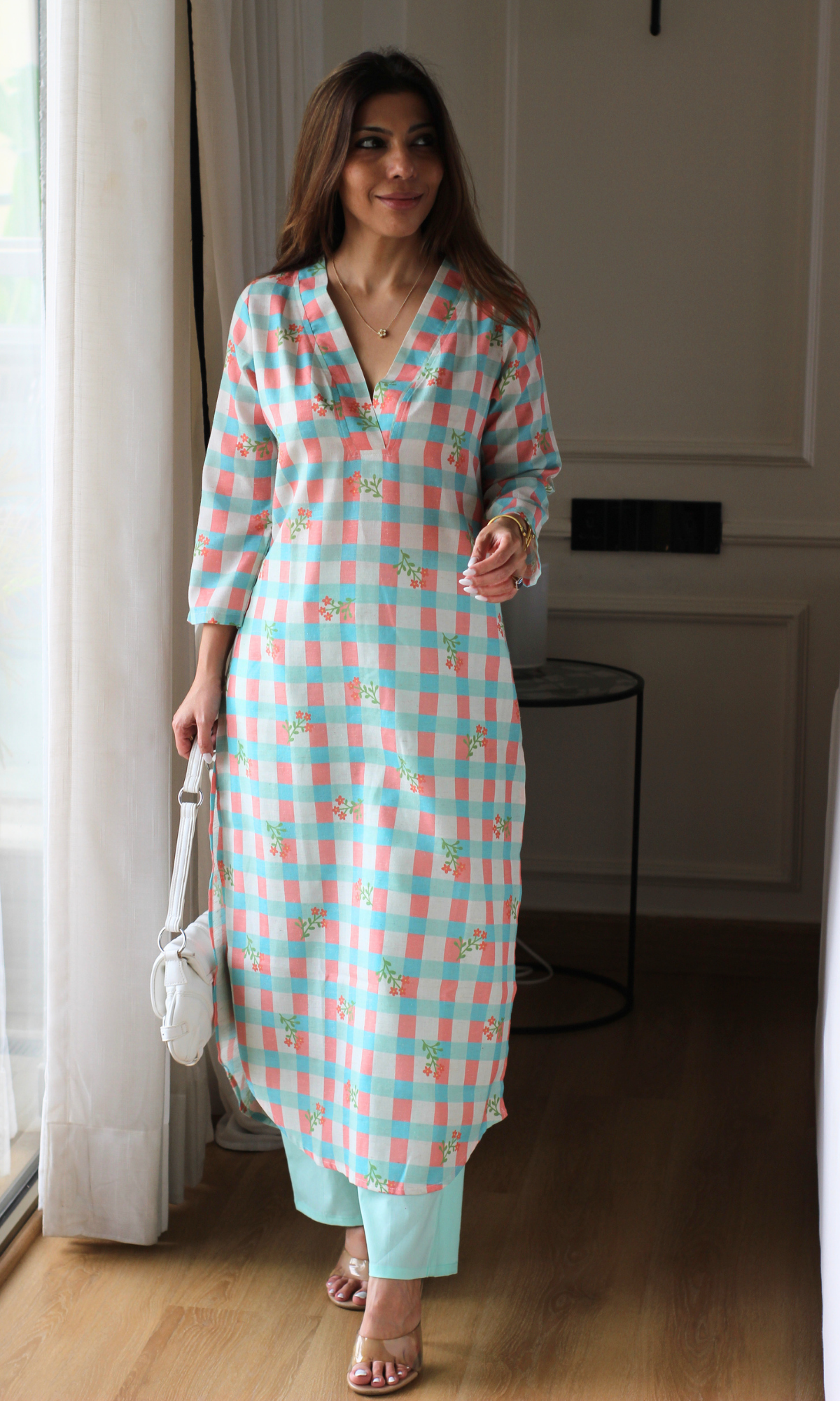 Ocean Checkered Linen Blend Kurta with Cotton Pants