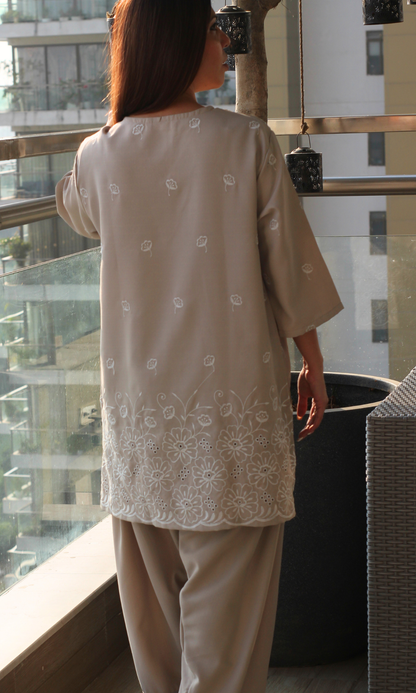 Muted Taupe Embroidered Anti Fit Kurta & Farshi Salwaar