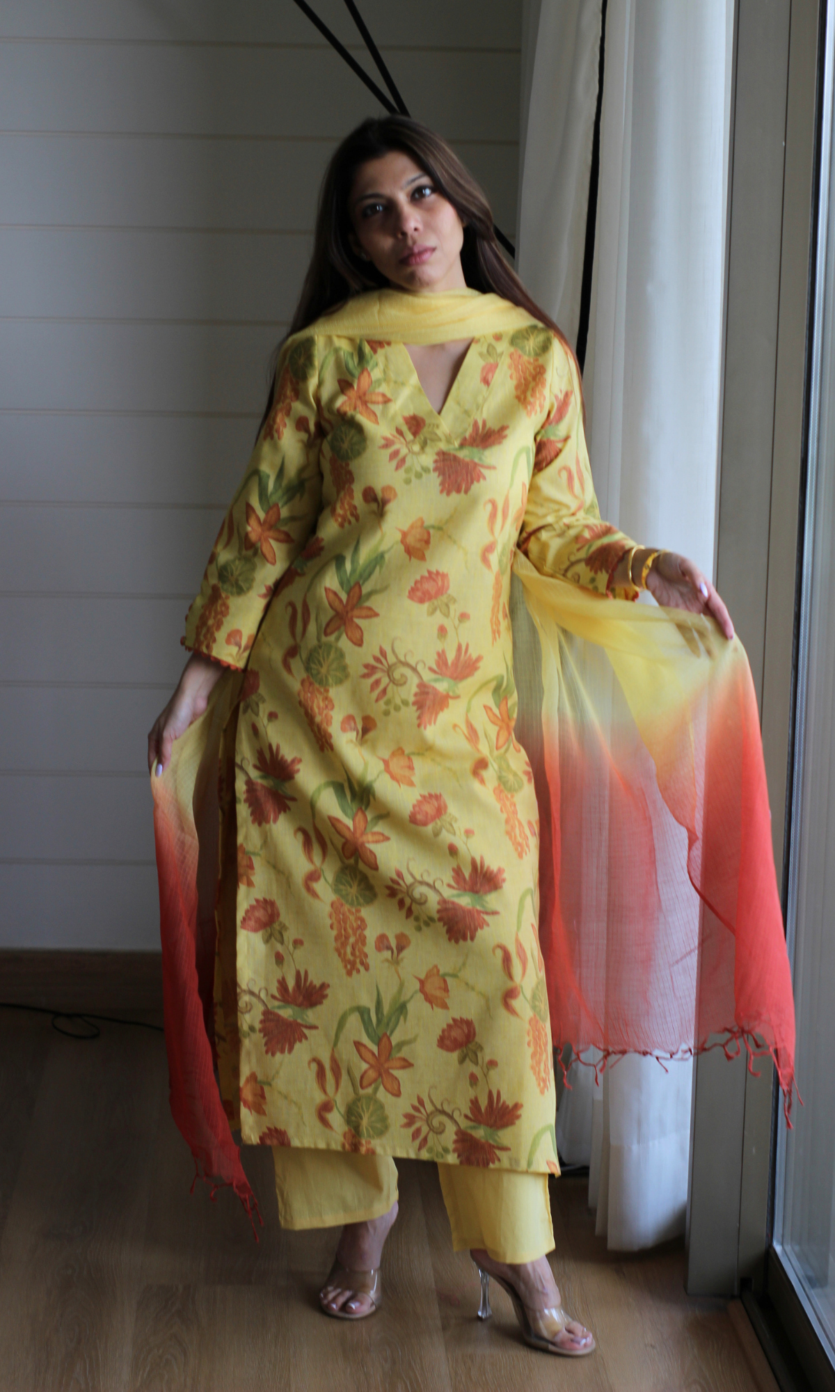 Linen Blend Marigold Floral Kurta, Cotton Pants & Ombré Kota Doria Dupatta