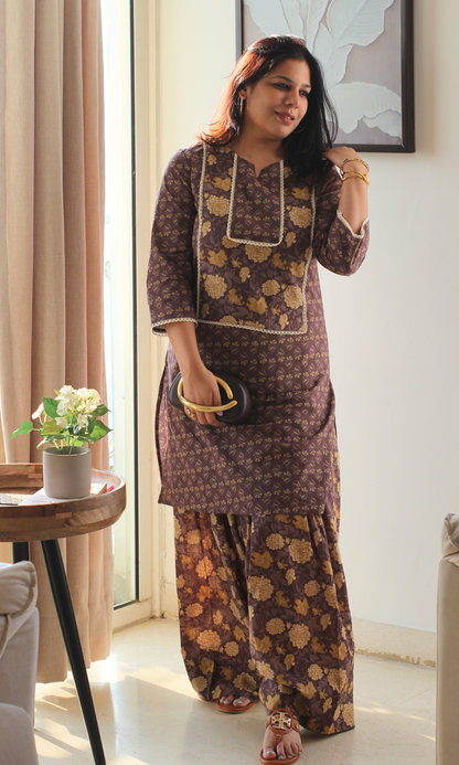 Cotton Zafran Block Print Kurta & Farshi Salwaar