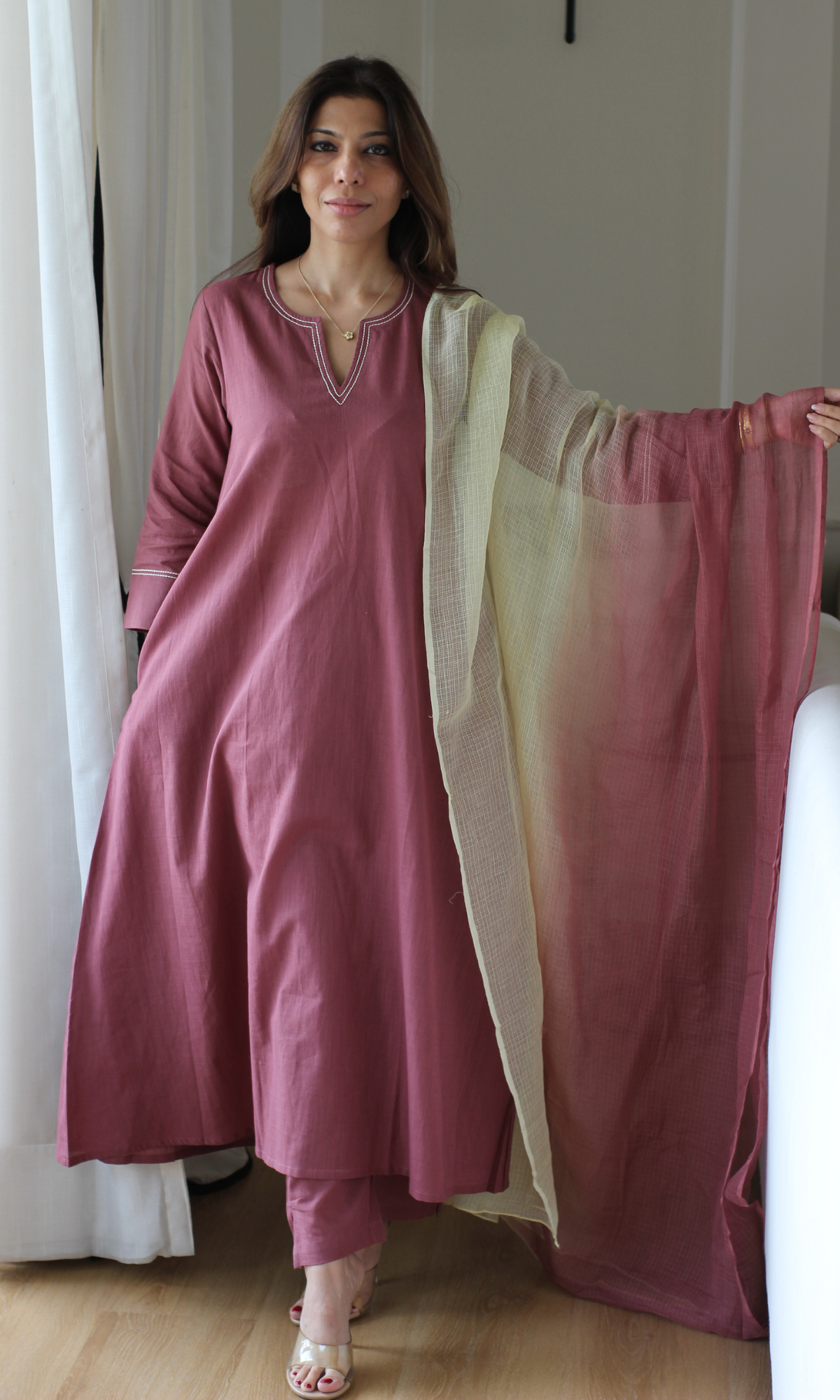 Dusty Mauve Slub Cotton Kali Kurta, Pant with Kota Doria Ombré Dupatta