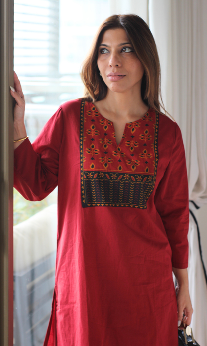 Rose Red Patch Kurta and Farshi Salwaar