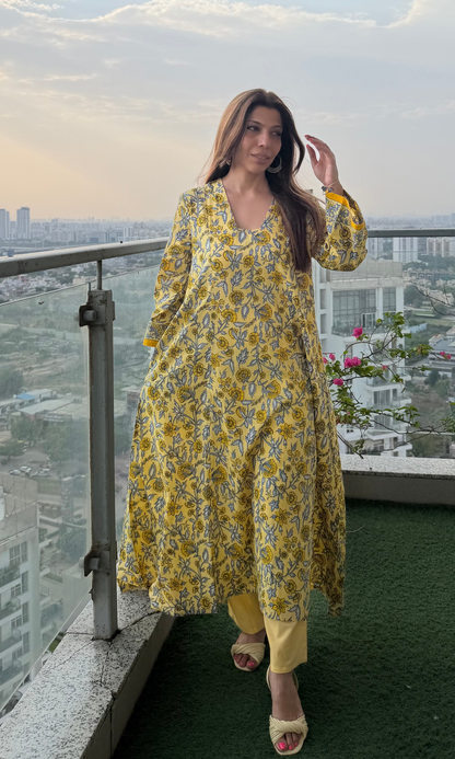 Yellow Meera Handblock Print High Low Kurta & Cotton Pants